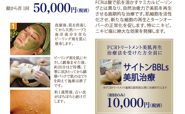 FCRは酸で肌を溶かすケミカルピーリングとは異なり、自然治癒力で美肌を再生させる画期的な治療です。肌細胞を活性化させ、新たな細胞の再生とターンオーバーの正常化を促します。特にニキビ、ニキビ痕に絶大な効果を発揮します。